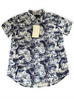 Wildfang The Essential SS Button Up Shirt Blue White Marble Swirl XS NWT X-Small